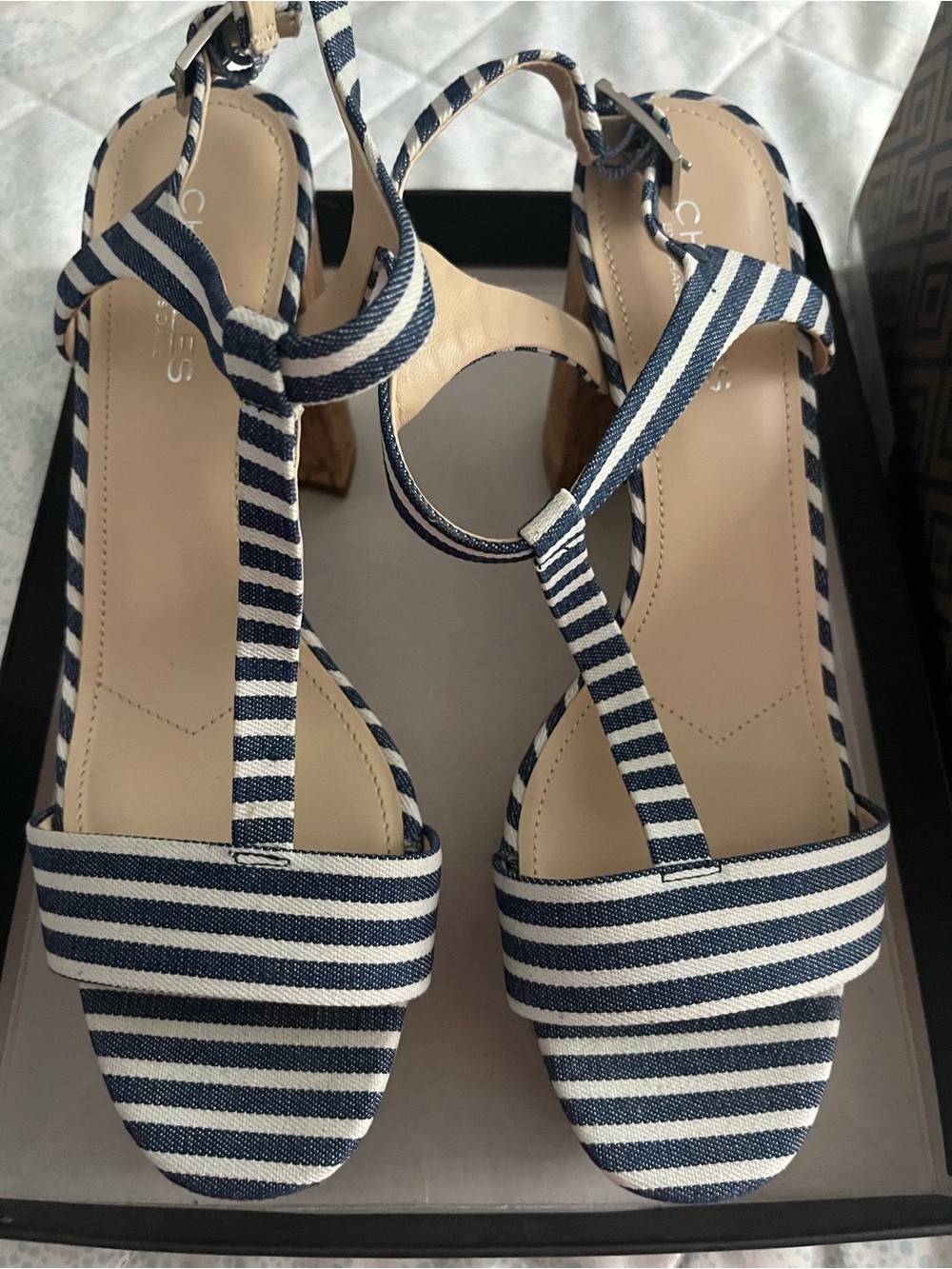 Striped Navy and White Women's T-Strap Sandals